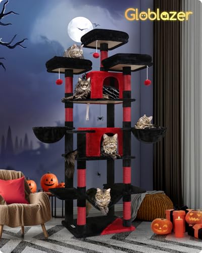 Big XXL Gothic Cat Tower for Indoor Multiple Cats (Black Red / 80inch)