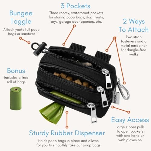 Dog Poop Bag Holder for Leashes and Treat Holder with 3 Waterproof Pouches (Midnight)