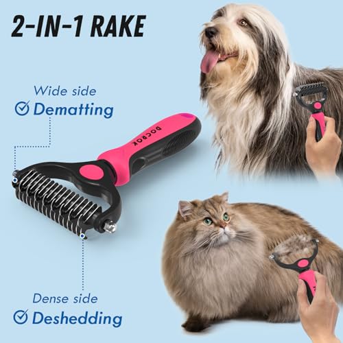 Pet Grooming Brush and Metal Comb Combo for Dogs & Cats (Pink)