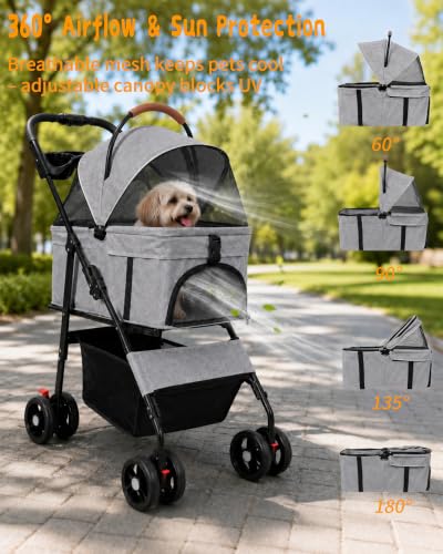 Pet Stroller 3 in1 Foldable Dog Cat Stroller with Detachable Carrier (GRAY)