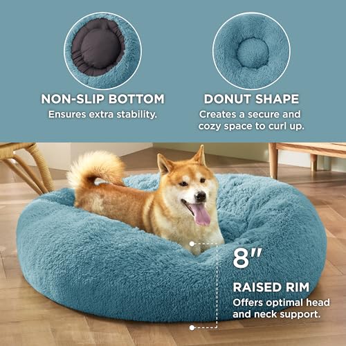 Calming Dog Bed Medium Size Dog Donut Washable Pet Bed (30"L x 30"W x 8"Th / Washed Blue)
