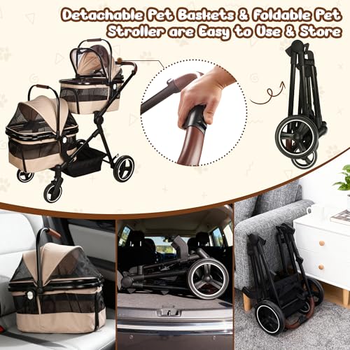 Foldable Double Pet Stroller for 2 Small Medium Cats Dogs (Khaki / Double)