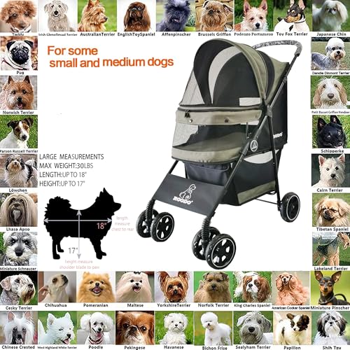 4 Wheel Dog Cat Pet Stroller Best Lightweight Foldable Compact Portable Jogger All Terrain Travel Pet Gear Puppy Doggie Bunny Kitty Stroller for up to 30lbs Medium Small Dogs Cats (sage green)