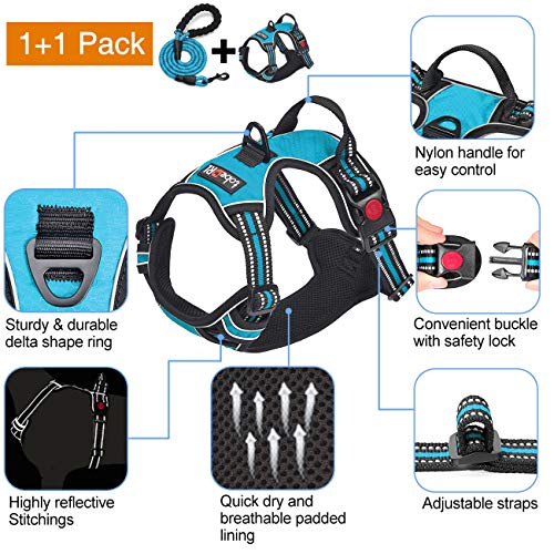 No Pull Dog Harness Adjustable Reflective Oxford Easy Control Medium Large Dog Harness with A Free Heavy Duty 5ft Dog Leash (Blue / Large)