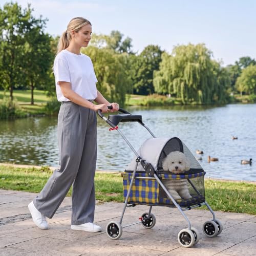 Foldable Pet Stroller for Small (Yellow Plaid)