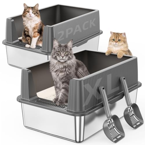 Stainless Steel Cat Litter Box with High Sides Lid (Grey)