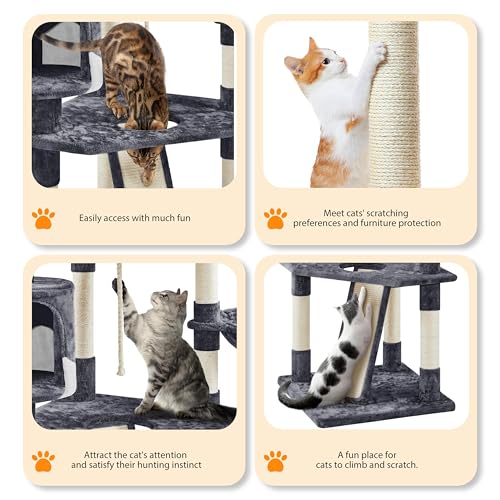 79in Multi Level Cat Tree for Multiple Cats with 9 sisal Posts (Dark Gray and White)