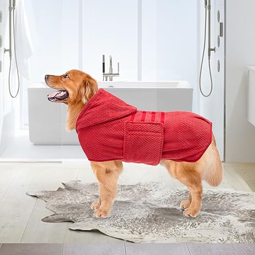 Dog Drying Coat with Hood for After Bath Bathrobe Towel Dog Drying Coat for Wet Walking in Rain (XXX-Large / Red(Pineapple grid Hood))
