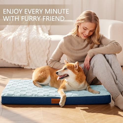 Orthopedic Large Dog Bed Washable Pet Crate Mat 36''X24'' Blue (Blue / 36"L x 24"W x 3.5"Th)