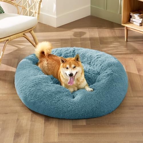 Calming Dog Bed Medium Size Dog Donut Washable Pet Bed (30"L x 30"W x 8"Th / Washed Blue)