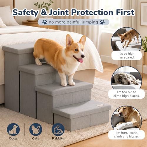 4 Step Wide Dog Stairs with Storage 23" H (Light Grey / 40"D x 17"W x 23"H)