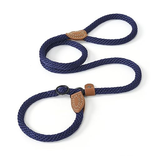 Heavy Duty Slip Lead No Pull Leash w Leather (Navy / 5 Feet)