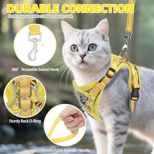Cat Harness and Leash Set Escape Proof Reflective Cat Walking Harness Adjustable Soft Breathable Mesh Vest for Small Pets (M (NECK 11"-13.7", CHEST 16"-20") / Yellow Bee)