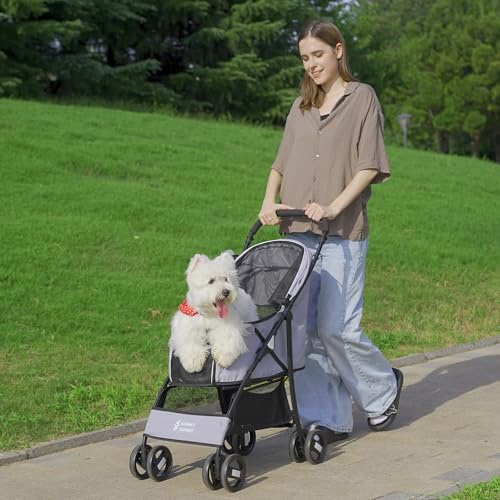 Foldable Jogger Pet Stroller with Weather Cover Storage Basket Pet Travel Carrier for S (Grey)