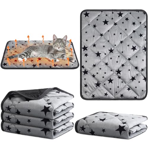 4 Pack Self Warming Cat Bed Self Heating Cat Mat Star Pattern Soft Dog Crate Pad Thermal Pet Mat Anti Slip Kennel Dog Washable Warming Bed for Outdoor Indoor (18 x 24 Inch / Gray)