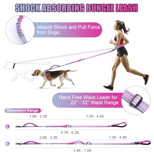 Heavy Duty Hands Free Dog Leash (XL - 3 Handles, 5.4-7.0 FT Length / Gradient Pink)