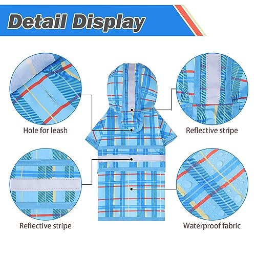 Dog Raincoat Hooded Slicker Poncho with Leash Hole (S:10-15lbs / Plaid Blue)