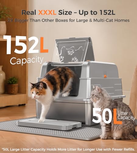 Upgrade XXXL Stainless Steel Cat Litter Box 3 (Silver Light Grey / Real XXXL Size: Up to 152L)