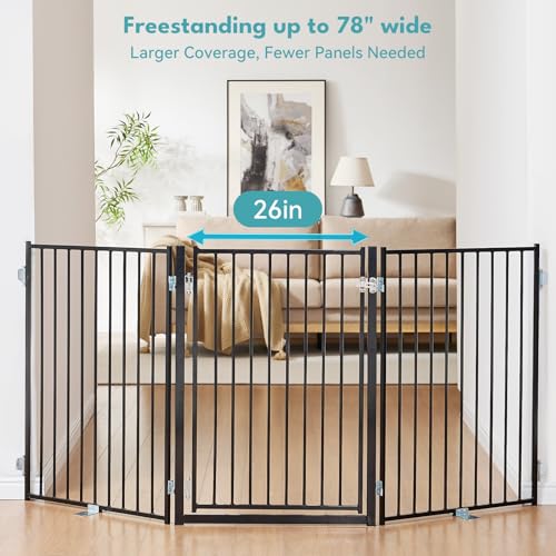 Freestanding Dog Gate with Door for Indoor & Outdoor (Black / 【3 Panels with Door】78"W×36"H)