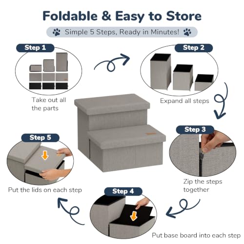 2 Step Wide Dog Stairs with Storage 11" H (Light Grey / 20"D x 13"W x 11"H)