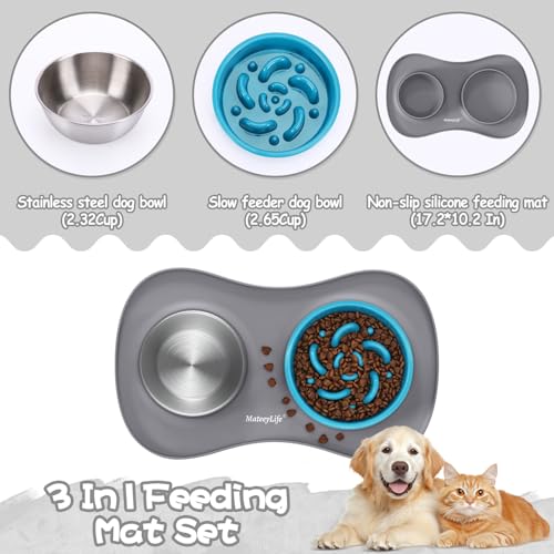Dog Food and Water Bowl Set 3 in 1 (Medium / Gray)