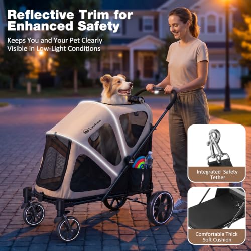 Dog Stroller for Medium Dogs 88lbs with Ramp for Easy Access Foldable Khaki (Khaki&Black)