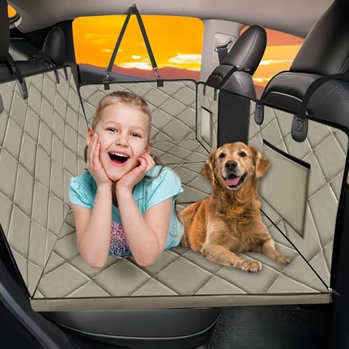 Hard Bottom Dog Car Seat Cover for Back Seat (L - For Cars/ Mid-Size SUV/ Small Truck / Khaki)