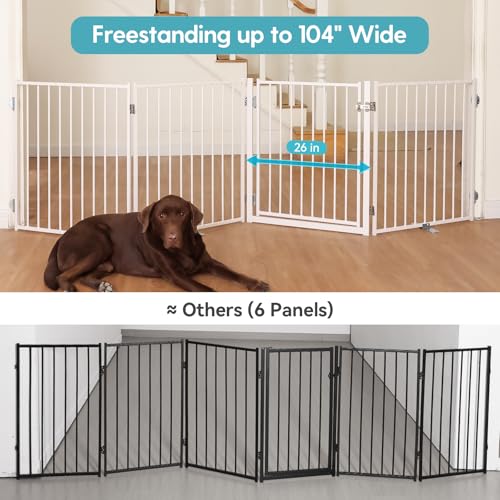 Freestanding Dog Gate with Door for Indoor & Outdoor (White / 【4 Panels with Door】104"W×30"H)
