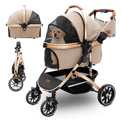 Dog Stroller with Removable Carrier Foldable Pet Stroller (Khaki)