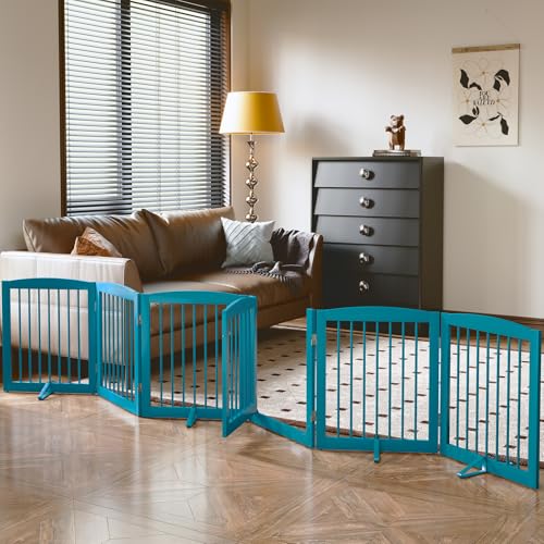 Freestanding Pet Gates with Walk Through Door (6 Panel 24" / Blue)