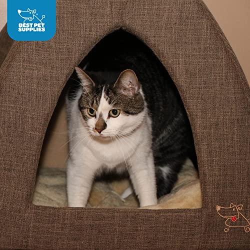 Cat Bed for Indoor Cat (Brown Linen / 19" x 19" x H:19")