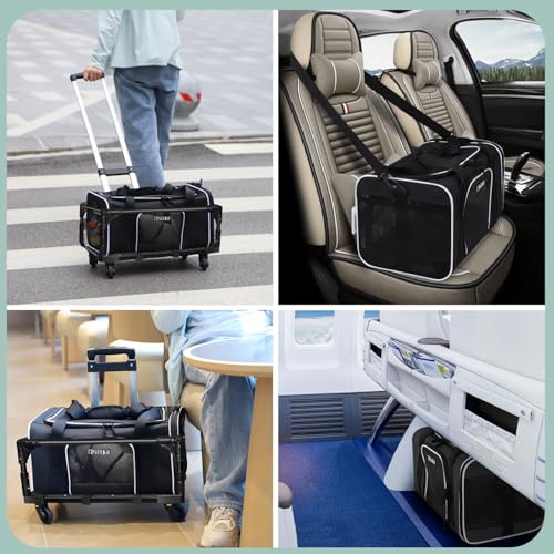 Small Pet Carrier 18"x11"x11" with Wheels Airline Approved (18.0"L x 11.0"W x 11.0"H / Black and Wheeled)
