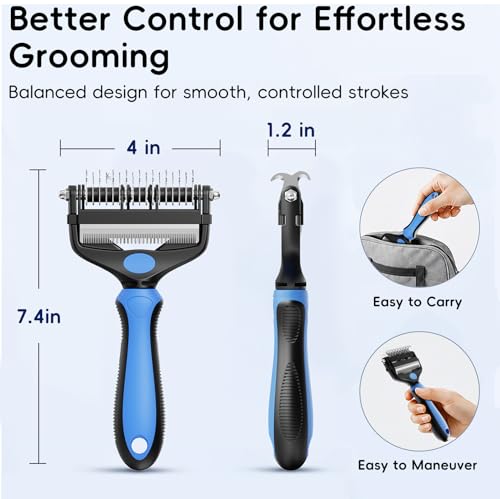 3-in-1 Professional Pet Grooming Brush for Dogs & Cats – Dematting Comb, Undercoat Rake & Deshedding Tool for Long & Short Hair, Heavy Shedding & Matted Fur (Blue) (Blue)