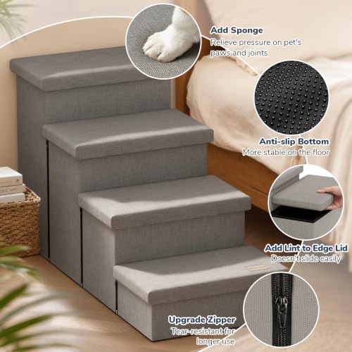 4 Step Wide Dog Stairs with Storage 23" H (Light Grey / 40"D x 17"W x 23"H)