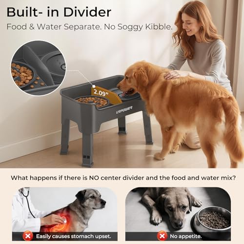 Mess Proof Elevated Dog Bowls 4 Height Adjustable Raised Stand (Grey / Large)
