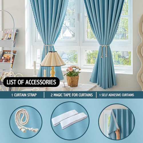 Magic Tape Stick on Curtains Blackout Curtains for Bedroom no Drillng Self Adhesive Curtain no Rod Small Window (Sky Blue / 35"W x 40"L (Pack of 2))