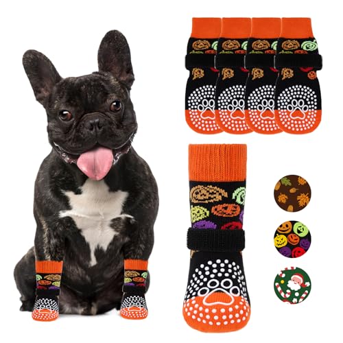 Anti Slip Halloween Dog Socks to Prevent Licking Paws (Halloween Black / Small/Medium (4 Pack))