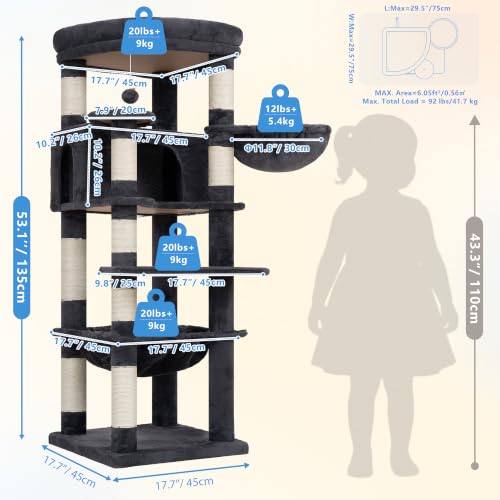 53.1" Corner Cat Tree for Large Cats (53 inch / Smoky Gray)