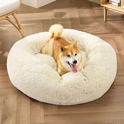 Calming Dog Bed Medium Size Dog Donut Washable Pet Bed (30"L x 30"W x 8"Th / Ivory Beige)