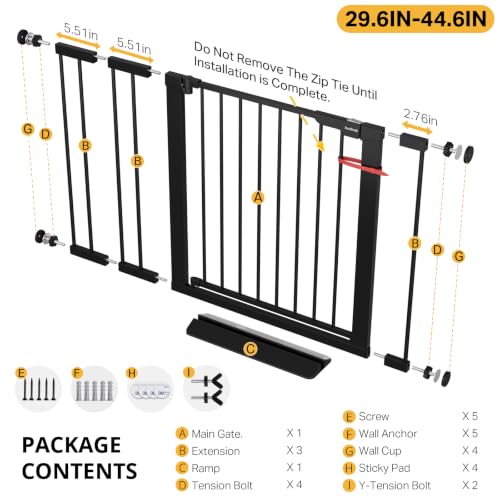 29.6 44.6 in Wide Baby Gate for Stairs and Doorways (Black / 29.6-44.6"W x 28"H)