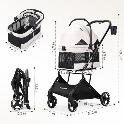 T3 Pet Stroller for Small Dogs & Cats up to 44lbs (Beige & Net Wall / T3)