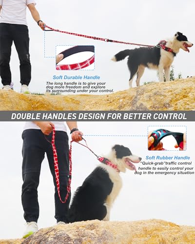Tactical Bungee Shock Absorbing No Pull Dog Leash (Red plaid)