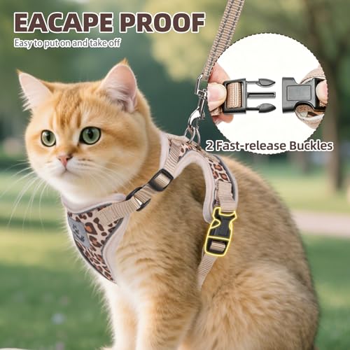 Cat Harness and Leash Set Escape Proof Reflective Cat Walking Harness Adjustable Soft Breathable Mesh Vest for Small Pets (M (NECK 11"-13.7", CHEST 16"-20") / Khaki Leopard Print)