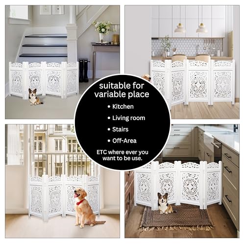 4 Panel Freestanding Dog Gate 56W x 28H Foldable Wooden Pet Gate White (White / 56"x28" Mulsory 4 Panels)