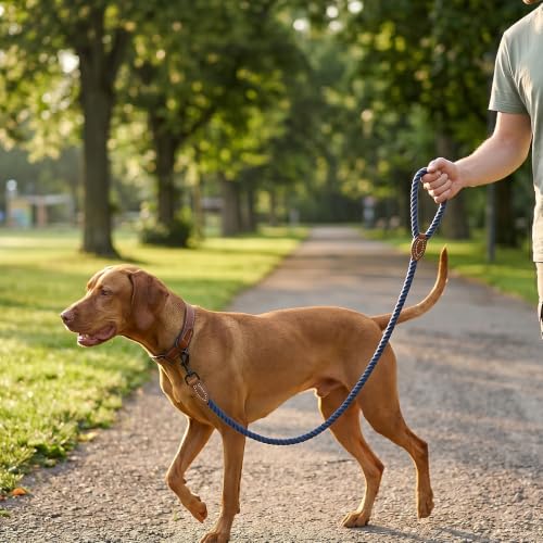 Dog Leash Braided Cotton Rope with Leather (Navy / 60 Inch-1/2")