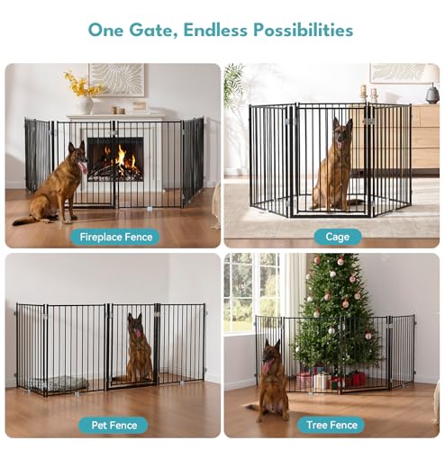 Freestanding Dog Gate with Door for Indoor & Outdoor (Black / 【6 Panels with Door】156"W×36"H)