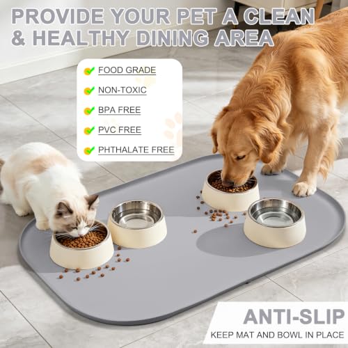 Waterproof Silicone Pet Food Mat with Raised Edge for Dog & Cat (Light Gray / 36"L x 24"W)