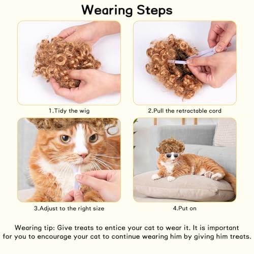 Cat Apparel Cat Gold Afro Wig with White Small Glasses Styling Cute Funny Pet Hair Accessories Decoration for Halloween (gold)