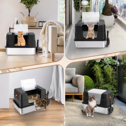 XL Stainless Steel Cat Litter Box with Lid (Black)