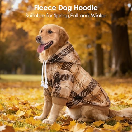Dog Basic Hoodie Soft Dog Clothes Cold Weather Sweaters for Medium Large Dogs Cozy Fabric Warm Sweatshirt with Leash Hole for Boys (Khaki Plaid / S(Back: 12.6",Chest:18.11", 5-10 lbs))